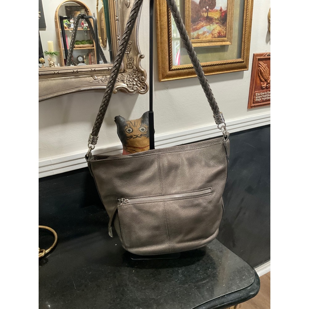 Brighton Metallic Pewter Gray Pebbled Leather Hobo Bag Braided Strap F596859